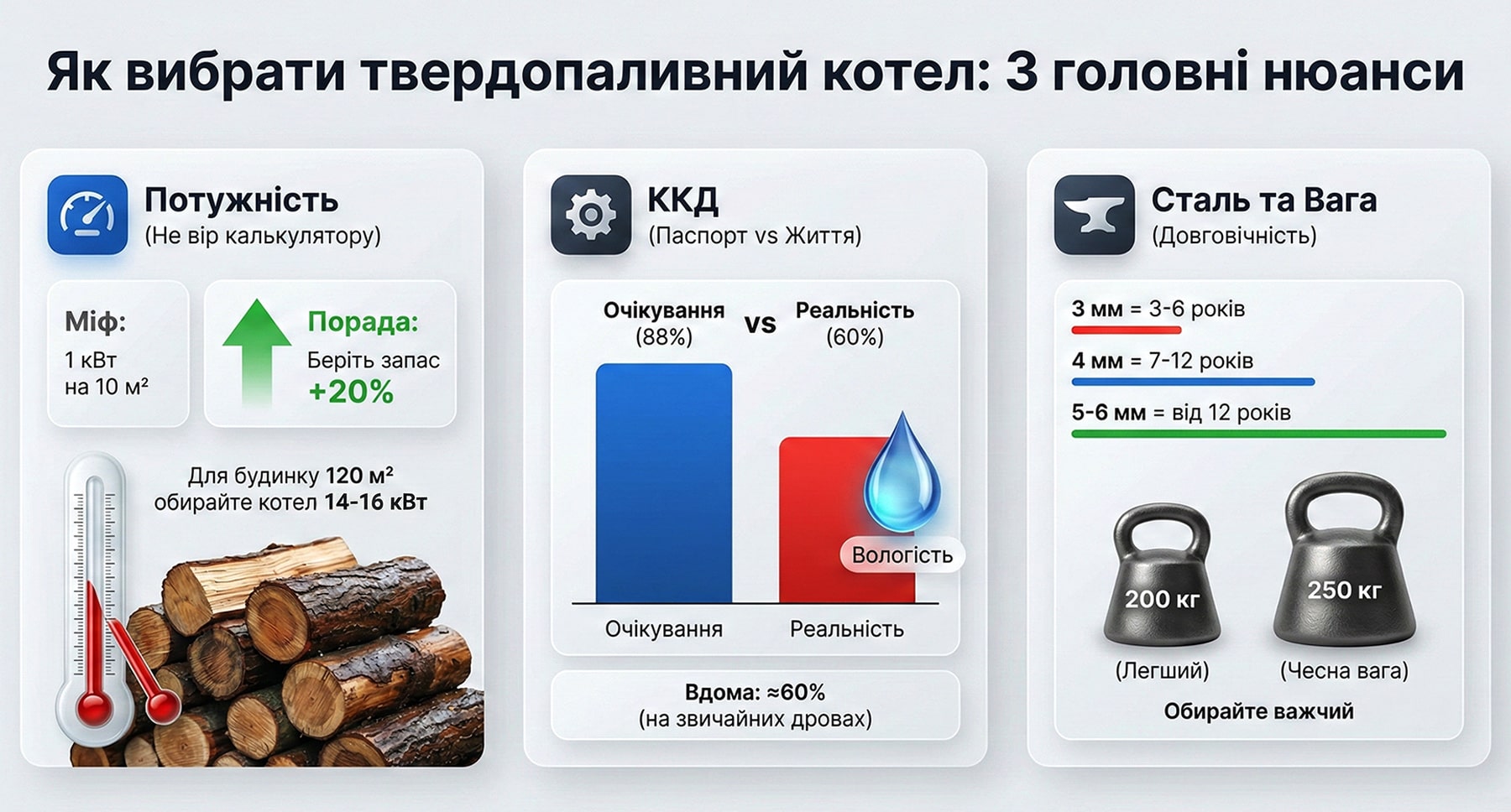 Інфографіка про 3 головні нюанси вибору твердопаливного котла: реальна потужність на вологих дровах, ККД та залежність довговічності від ваги і товщини сталі
