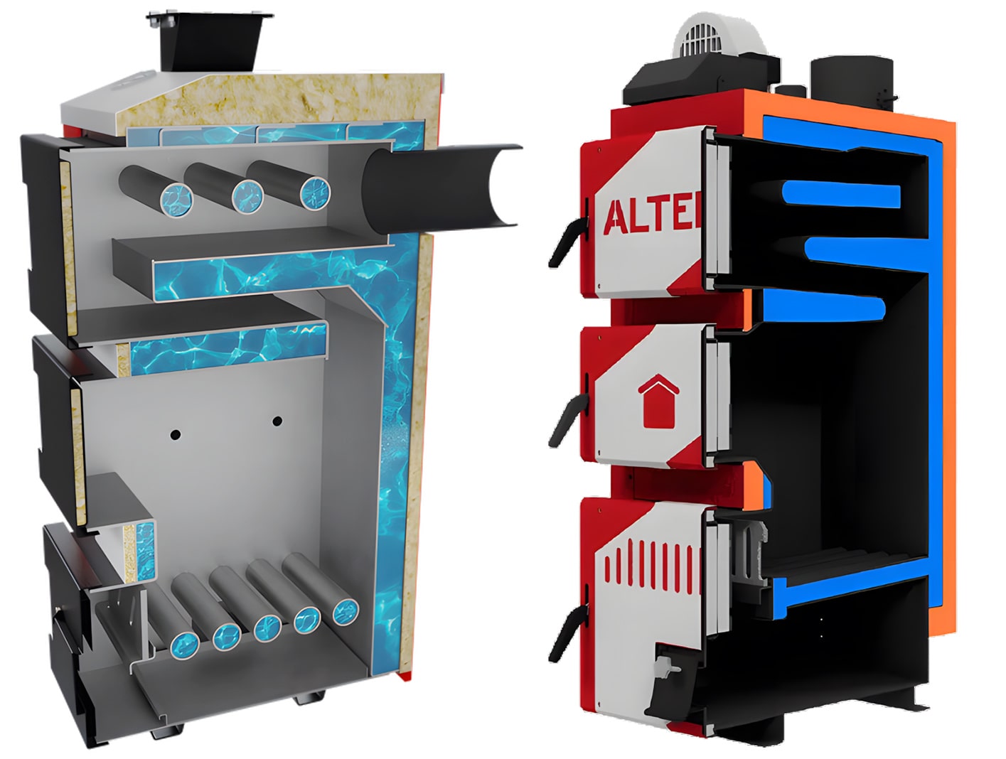 Твердопаливні котли тривалого горіння в розрізі: видно водяні полиці