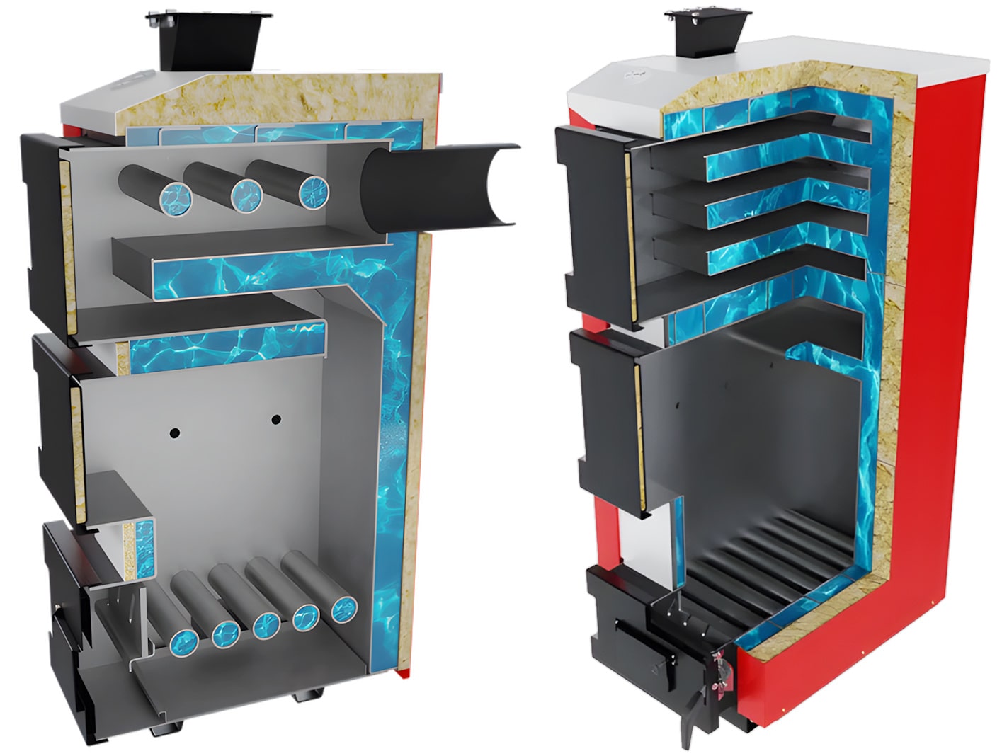 Твердотопливные котлы длительного горения в разрезе: видны водяные полки