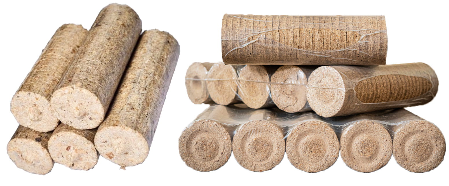 Фото: циліндричні паливні брикети Nestro з вираженою текстурою пресованої тирси