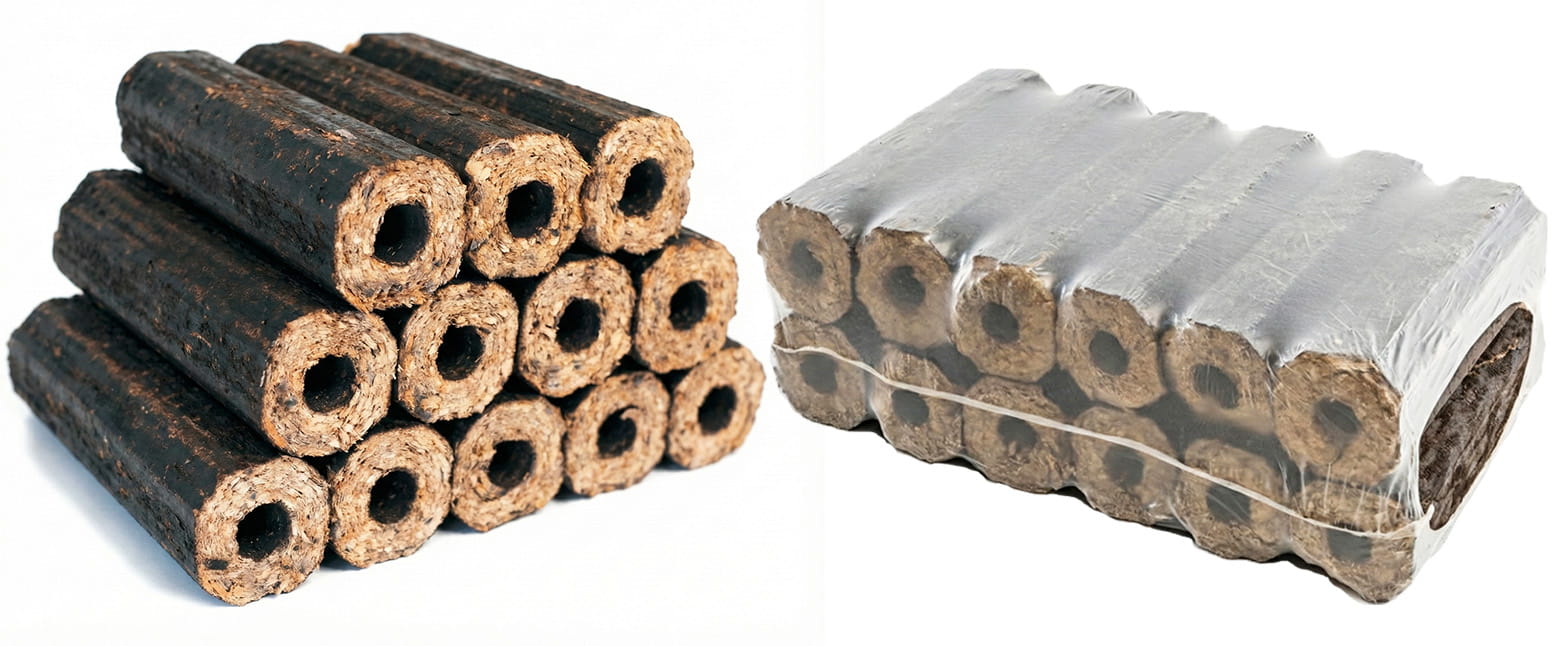 Фото: Стос темних циліндричних паливних брикетів Pini Kay (Піні Кей) з отвором посередині на білому фоні.