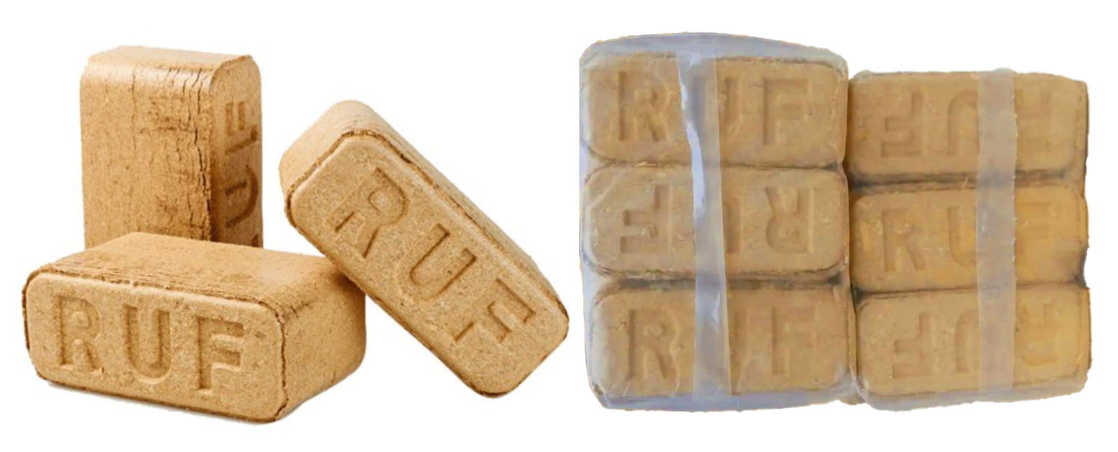 Фото: Окремі прямокутні паливні брикети RUF та упаковка таких брикетів у прозорій плівці.