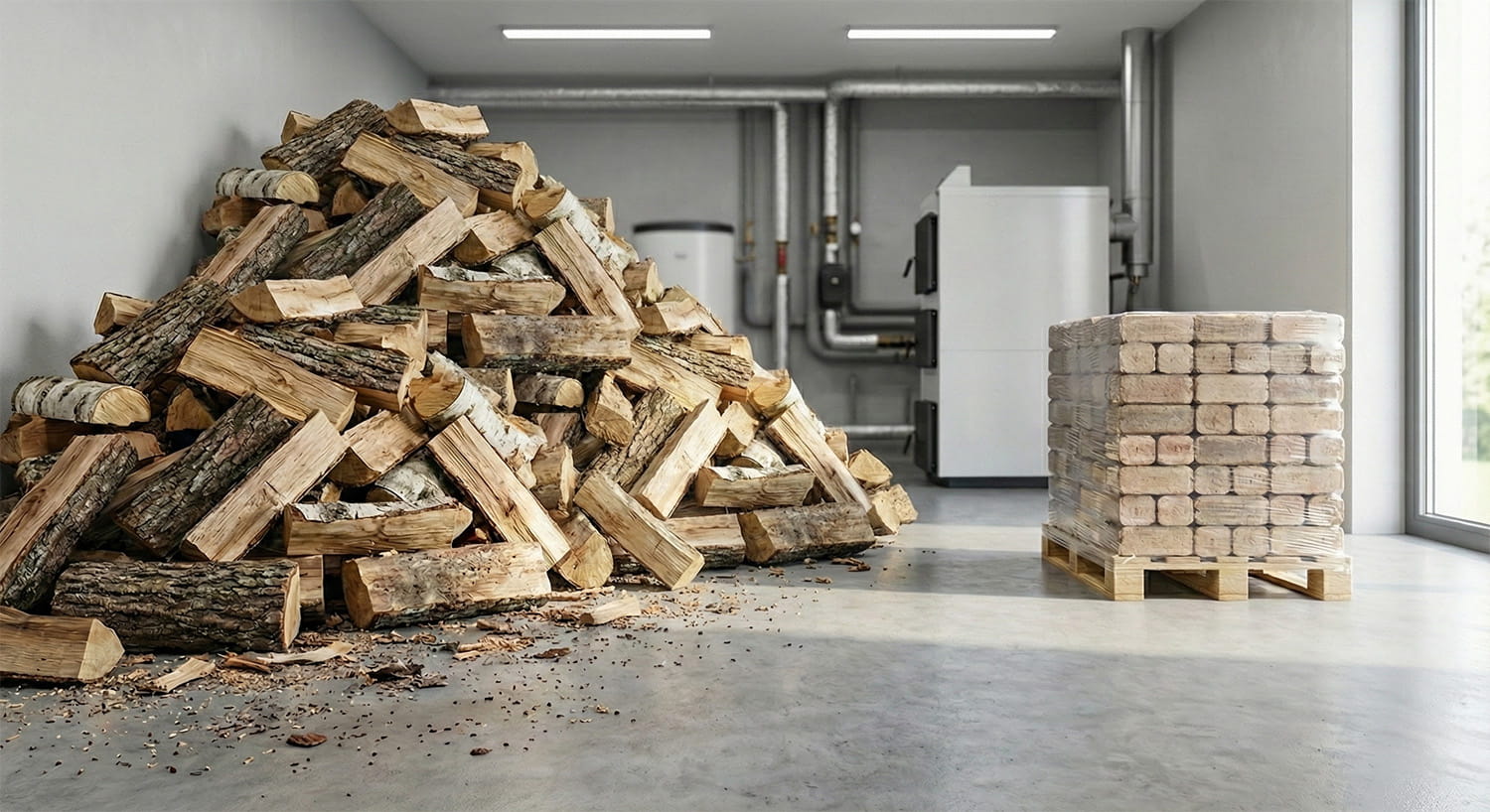 Фото: Сравнение места для хранения: 1 тонна топливных брикетов (на поддоне) против эквивалентной по теплу кучи дров (2-3 м³).