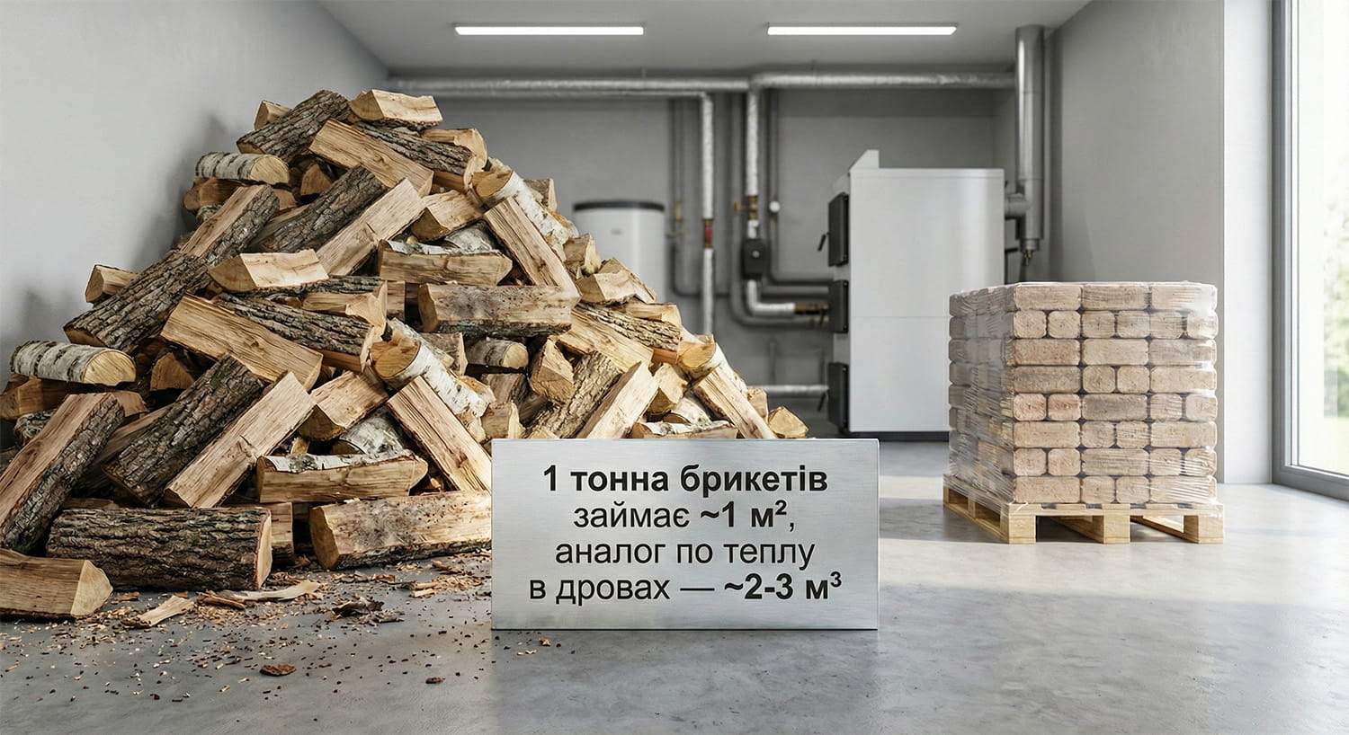 Фото: Порівняння місця для зберігання: 1 тонна паливних брикетів (на піддоні) проти еквівалентної за теплом купи дров (2-3 м³).