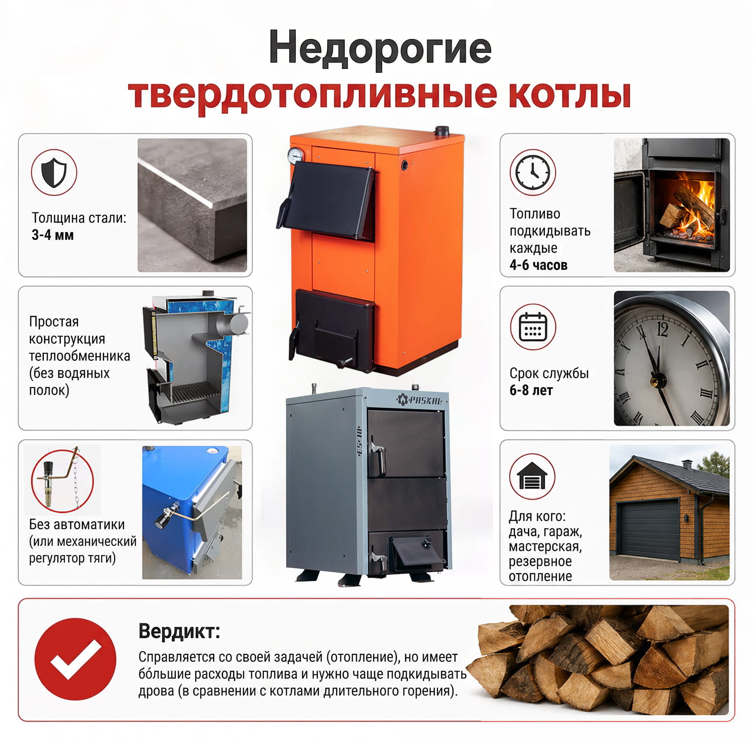 Инфографика: лучшие недорогие твердотопливные котлы