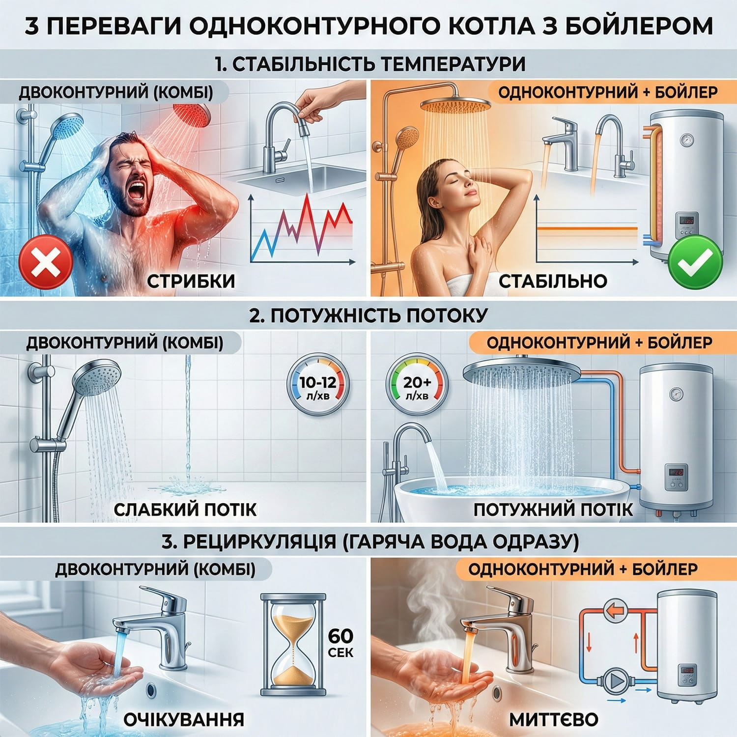 Інфографіка: Порівняння одноконтурного котла з бойлером та двоконтурного котла. Показано переваги у стабільності температури, силі потоку та швидкості подачі води