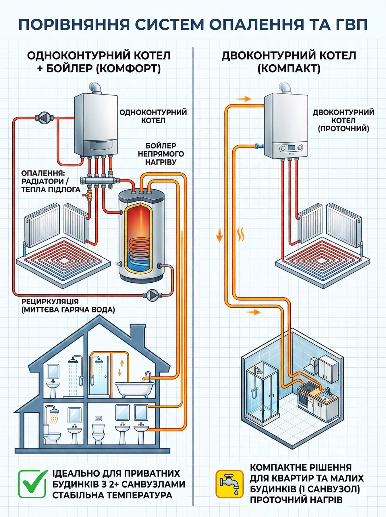 Інфографіка: порівняння схем роботи та підключення одноконтурного котла з бойлером непрямого нагріву та двоконтурного котла.