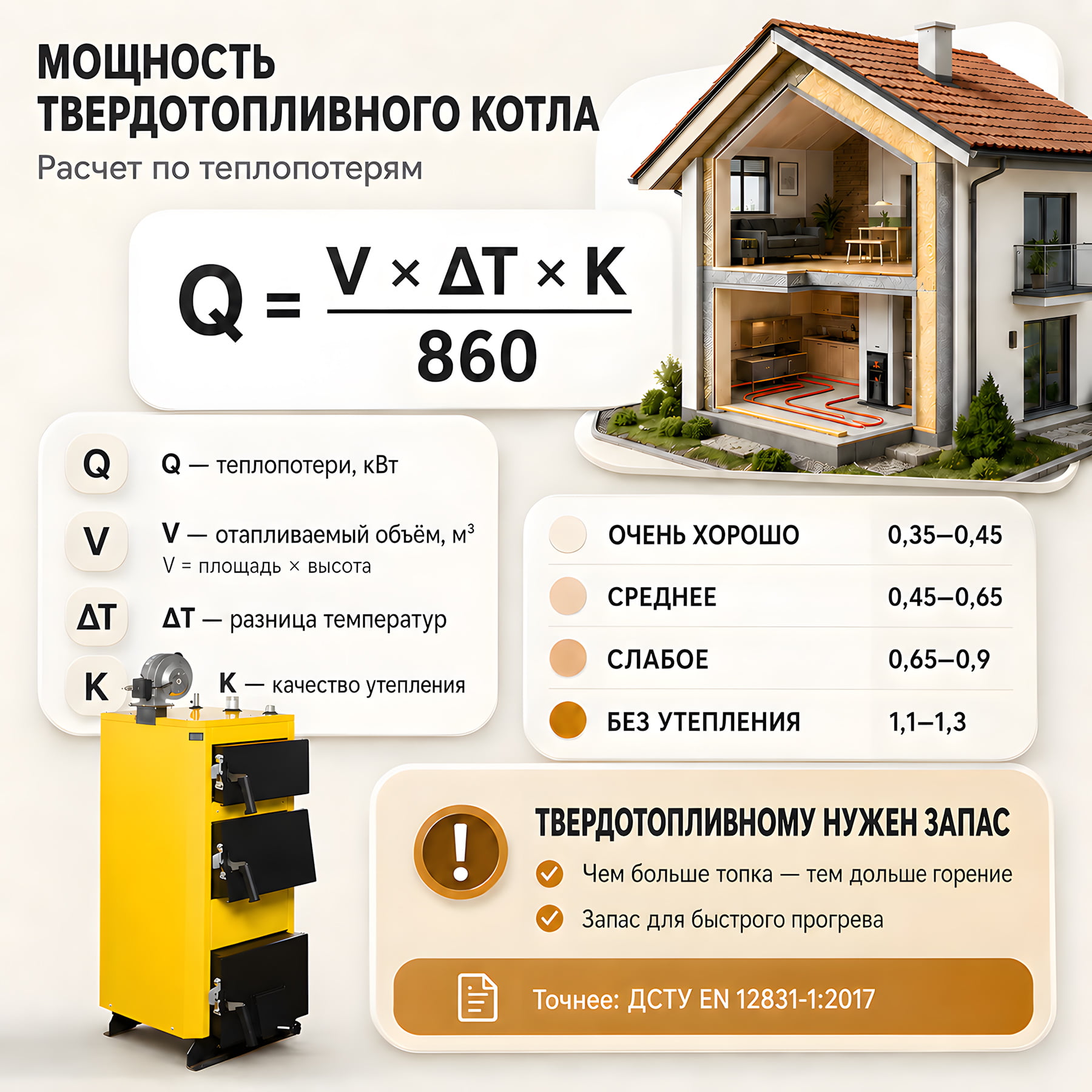 Инфографика: Расчет мощности твердотопливного котла по теплопотерям дома.