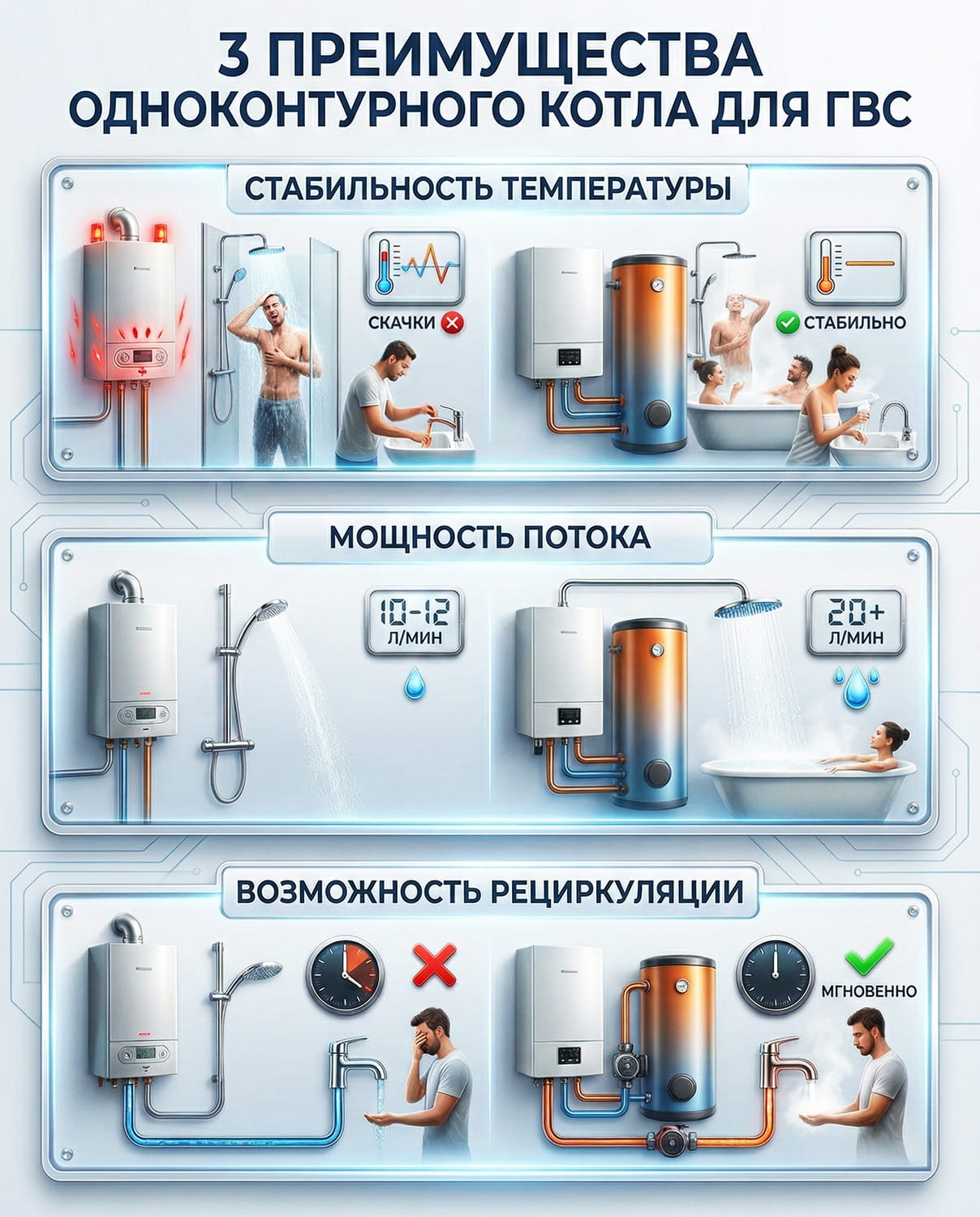 Инфографика: 3 преимущества одноконтурного котла с бойлером перед двухконтурным. Иллюстрация стабильной температуры, мощного напора воды и функции рециркуляции в системе ГВС.
