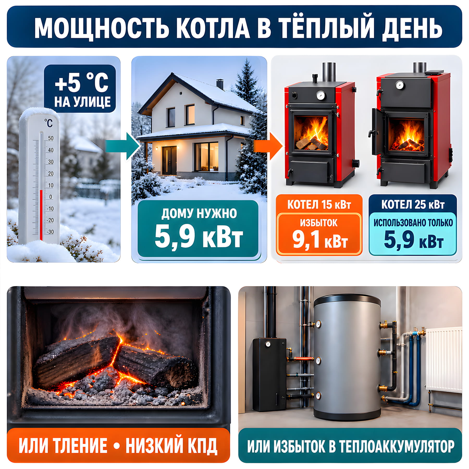 Инфографика: Пример избыточной мощности твердотопливного котла.