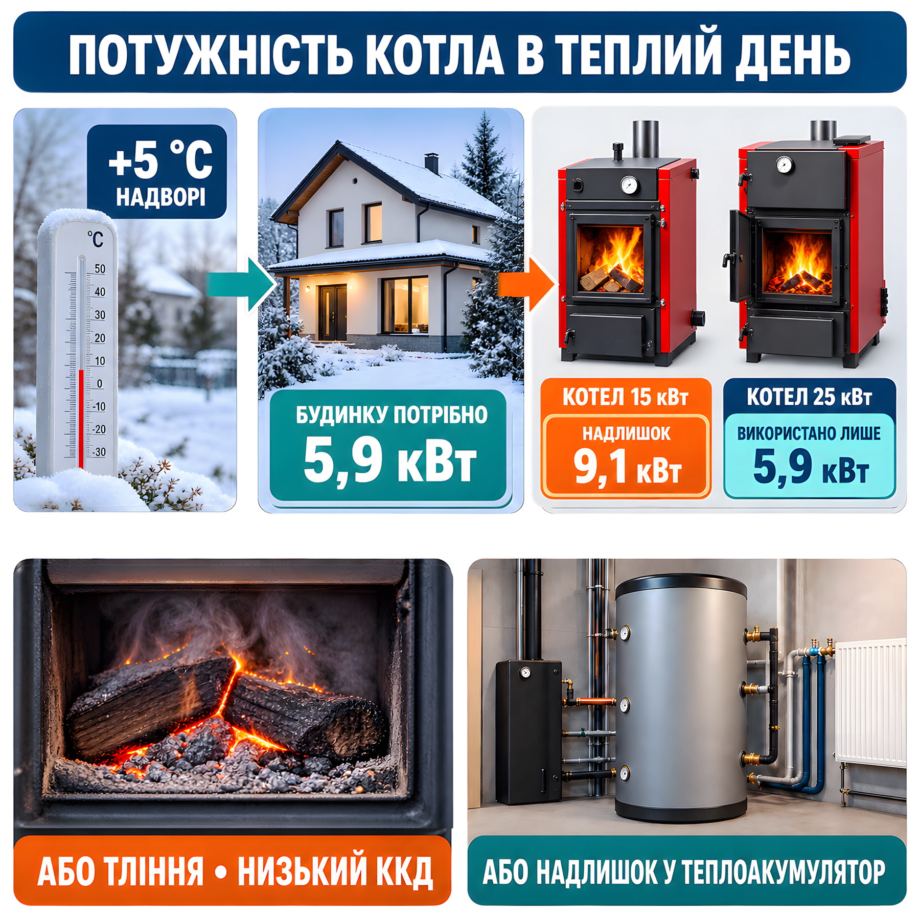Інфографіка: Приклад розрахунку надлишкової потужності твердопаливного котла.