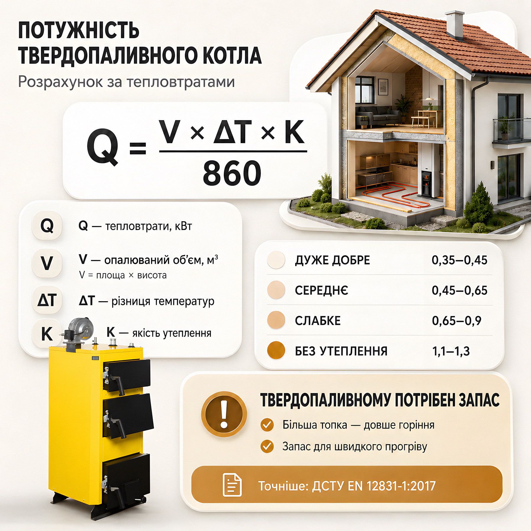 Інфографіка: Розрахунок потужності твердопаливного котла за тепловтратами будинку.