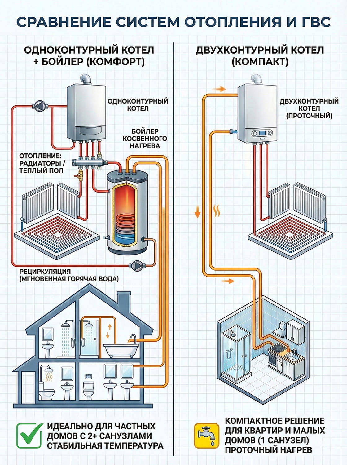 Инфографика: сравнение схем работы и подключения одноконтурного котла с бойлером косвенного нагрева и двухконтурного котла.