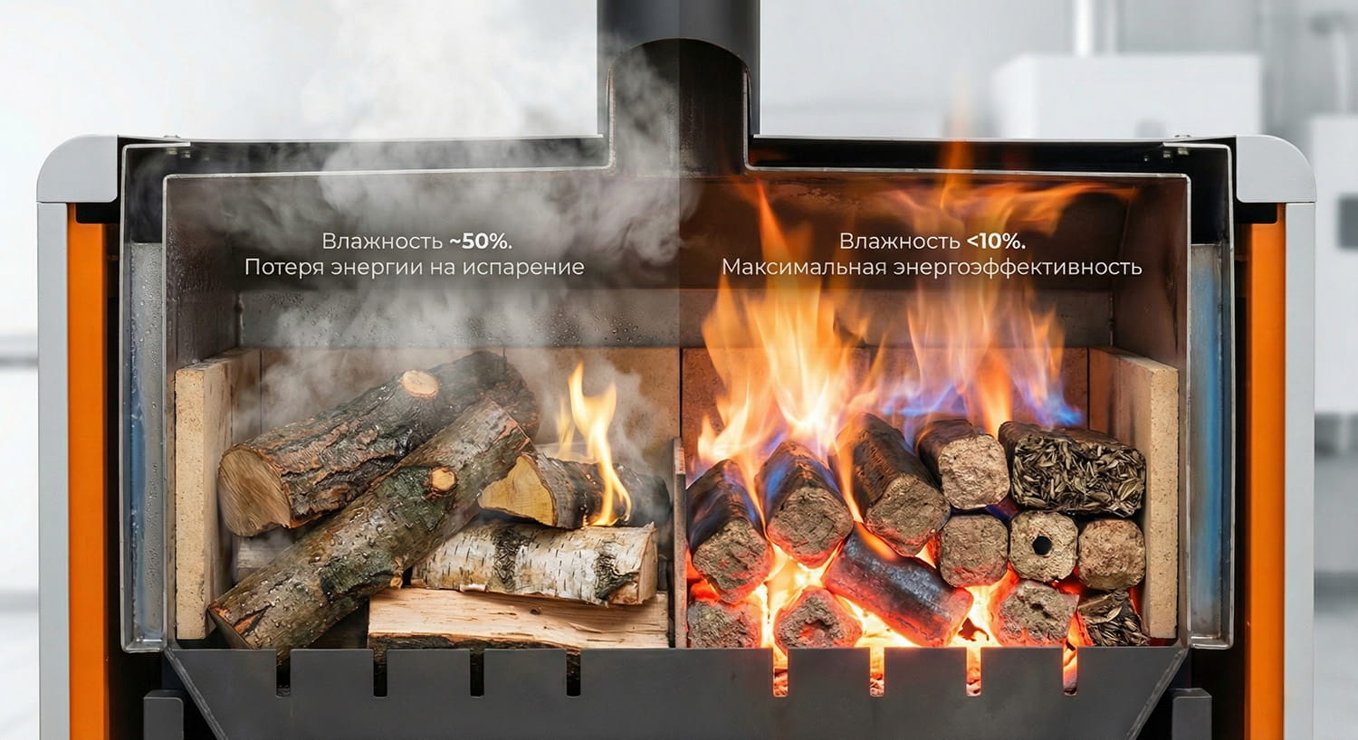 Визуальное сравнение эффективности горения влажных дров и сухих брикетов в разрезе отопительного котла.