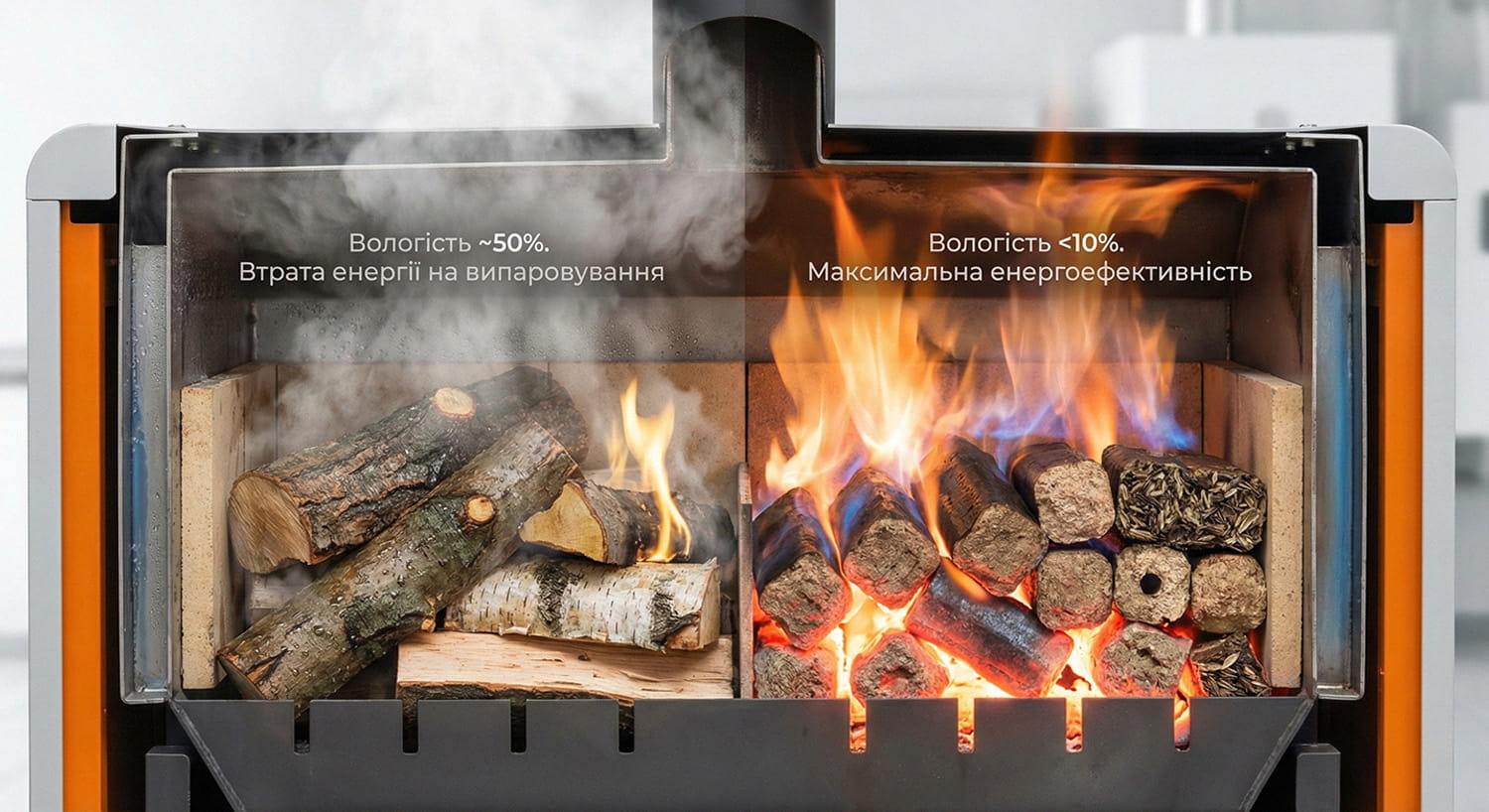 Візуальне порівняння ефективності горіння вологих дров та сухих брикетів у розрізі опалювального котла.
