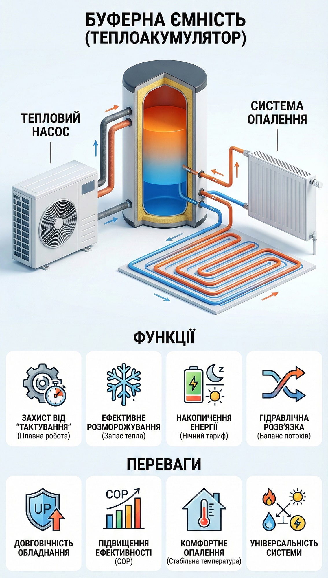 Інфографіка: Схема роботи, функції та переваги використання буферної ємності в системі опалення з тепловим насосом