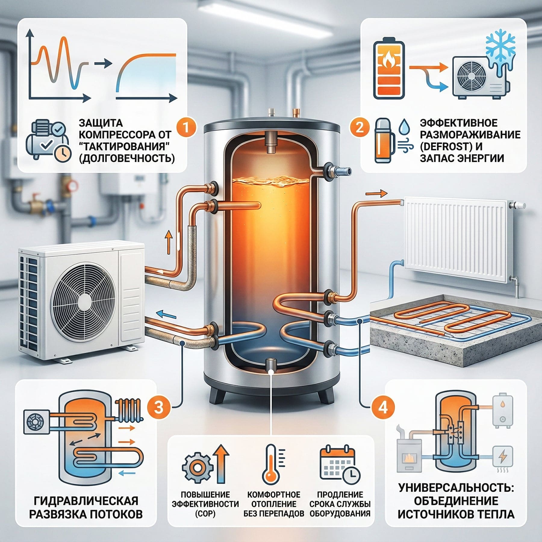 Инфографика, демонстрирующая зачем нужна буферная емкость в системе отопления с тепловым насосом. Показана схема подключения, а также четыре основные функции: защита от частого включения, разморозка, гидравлическая стрелка и объединение источников тепла