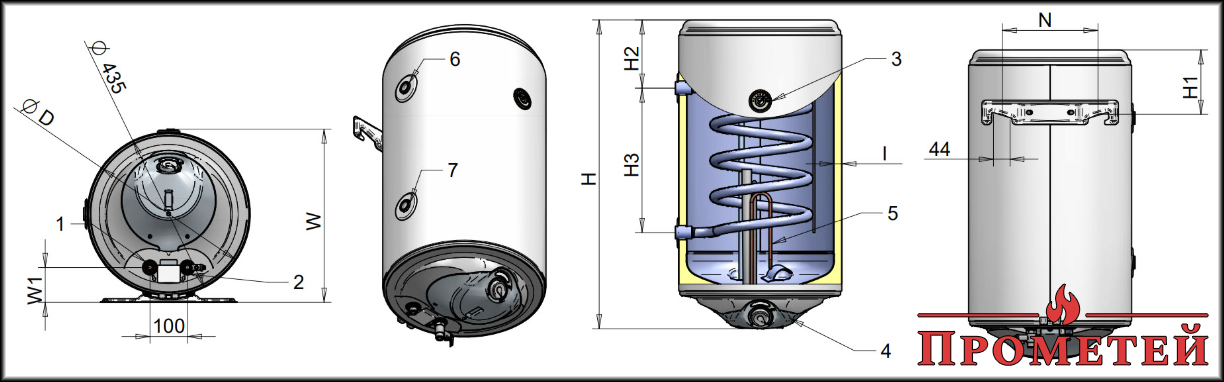 Схема та габаритні розміри бойлера Eldom Style Thermo