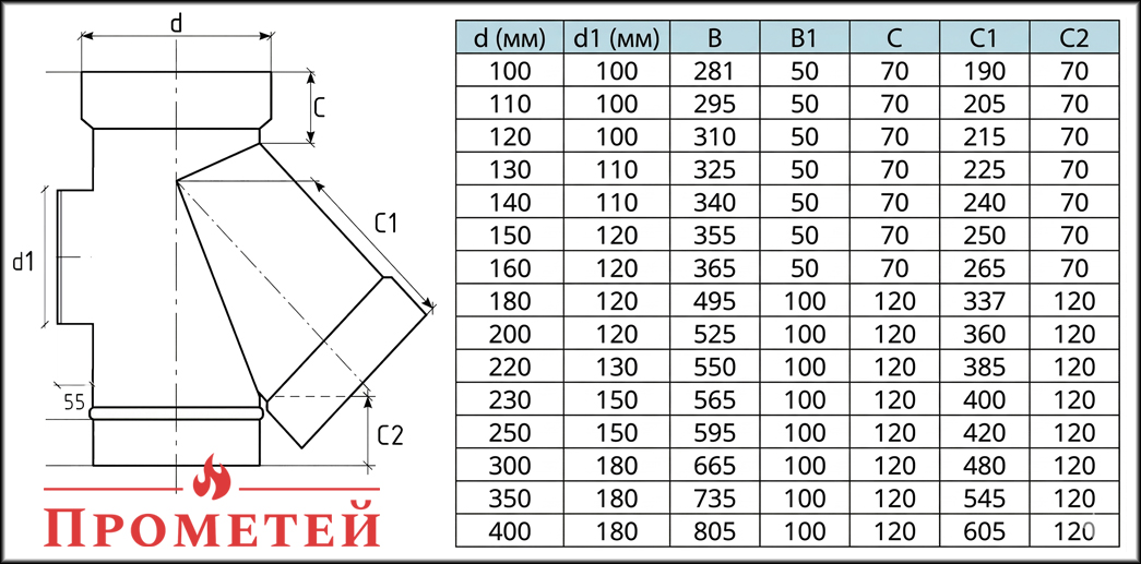 Розміри трійника 45° одностінного з ревізією