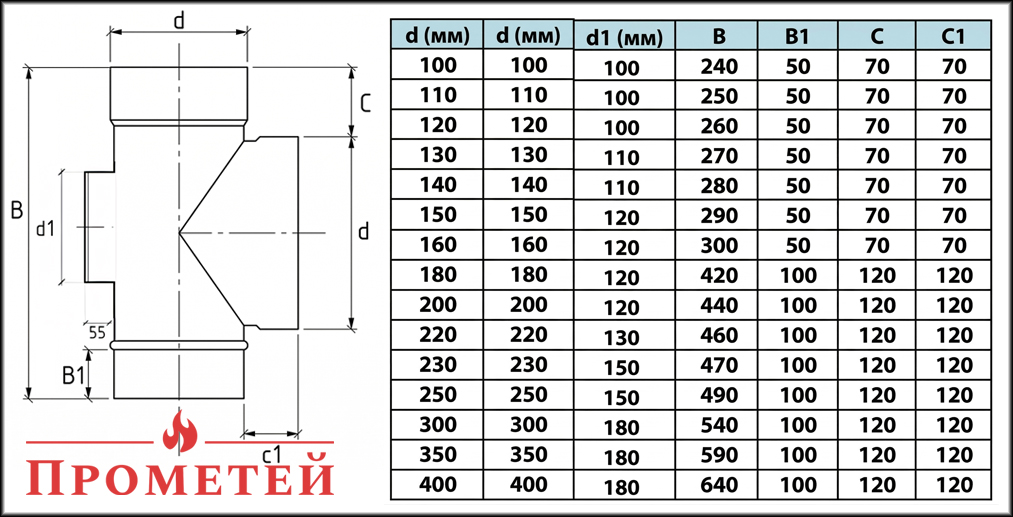 Размеры тройника 87° одностенного с ревизией