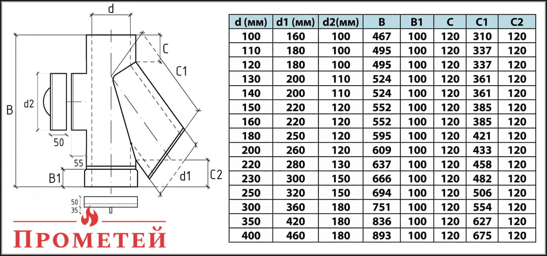 Размеры утеплённого тройника 45° с ревизией