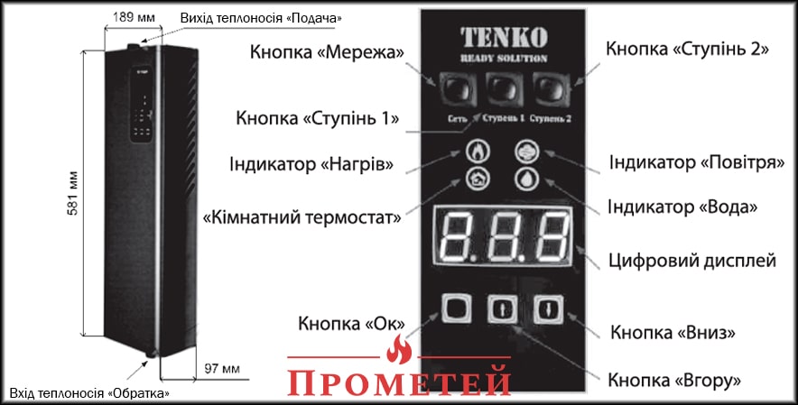 Тенко Digital: габаритні розміри та дисплей Габарити та дисплей електрокотла Тенко Digital