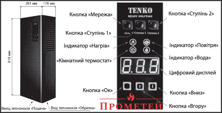 Тенко Стандарт Digital: габаритні розміри та дисплей Габарити та дисплей електрокотла Тенко Стандарт Digital
