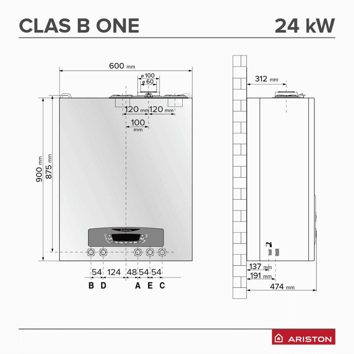 Размеры конденсационного газового котла Ariston CLAS B ONE WIFI