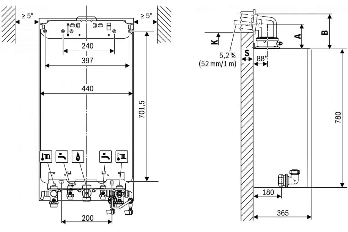 Технический чертеж и размеры газового котла Bosch Condens GC5700iW 24 P