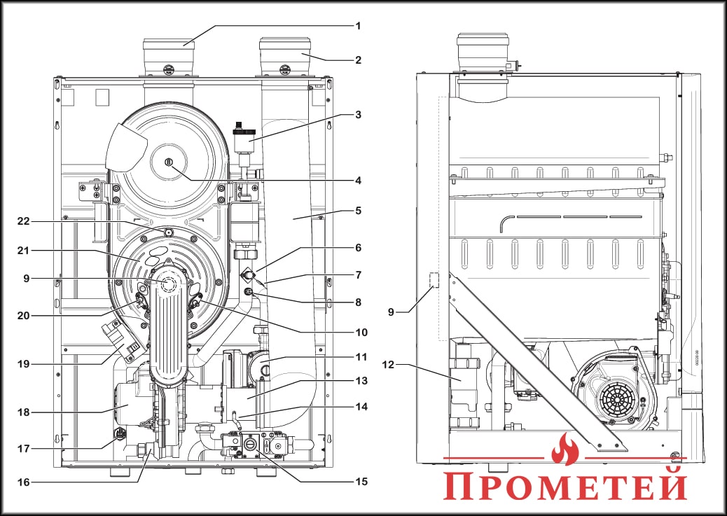 Внутрішня будова котла Italtherm Time Power 90-115 K Схема конденсаційного котла Italtherm Time Power 90-115 K