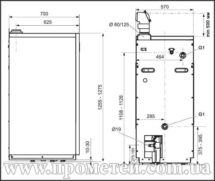 Габарити та підключення конденсаційного котла Protherm Ведмідь Конденс Конденсаційний котел Protherm Bear Condens - габарити