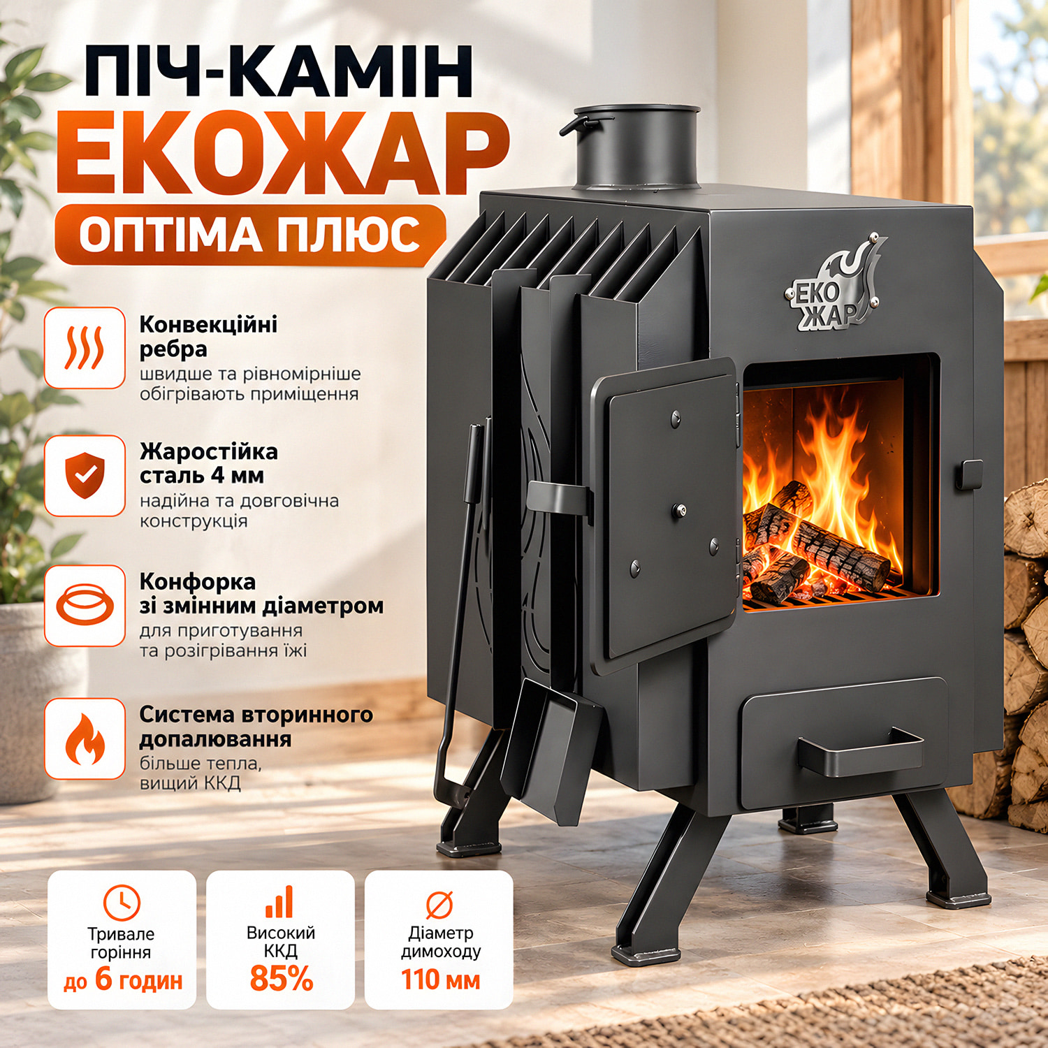 Піч-буржуйка Екожар Оптіма+ - рекламний банер в магазині Прометей.