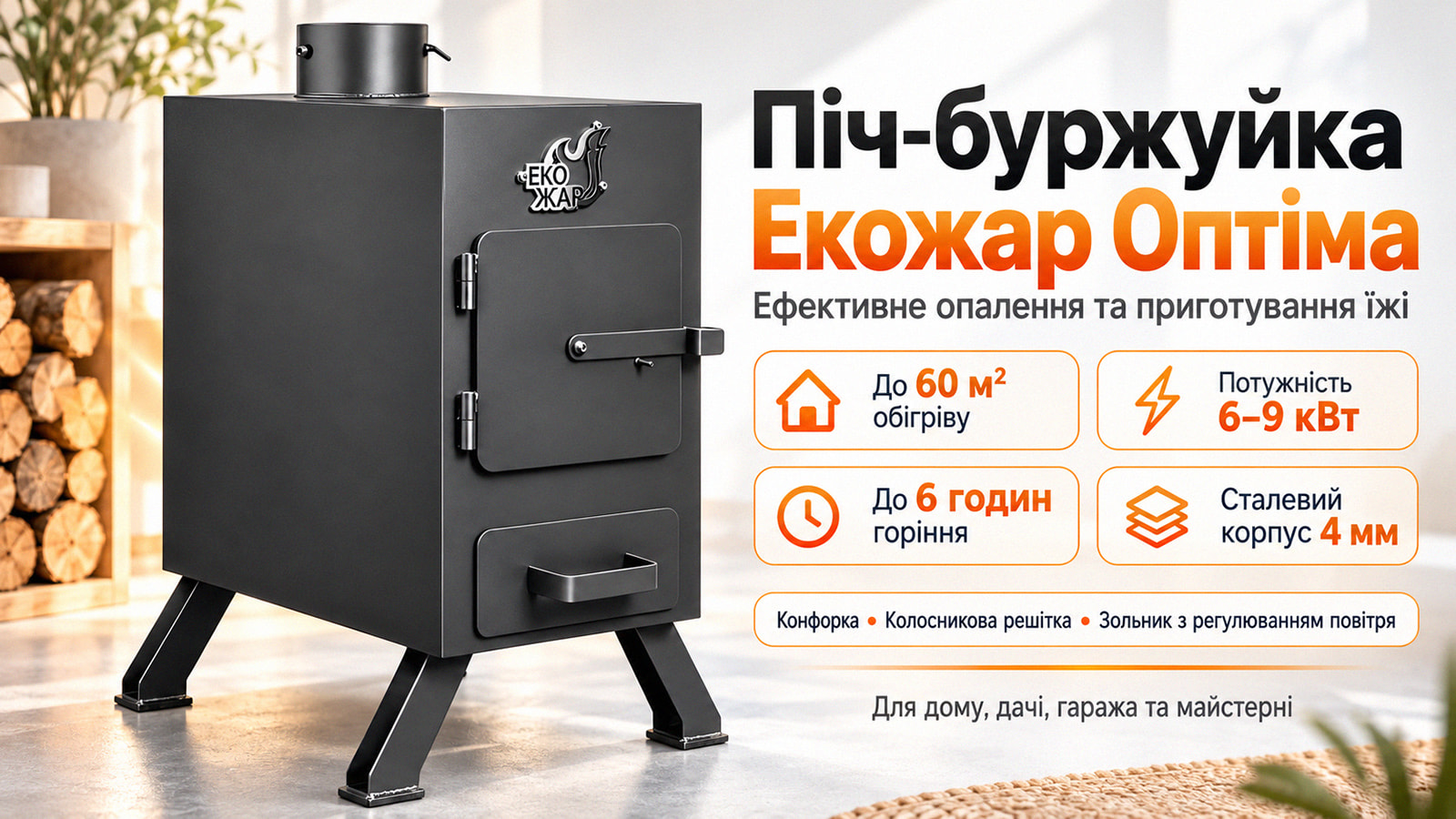 Піч-буржуйка Екожар Оптіма на дровах - рекламний банер в магазині Прометей.