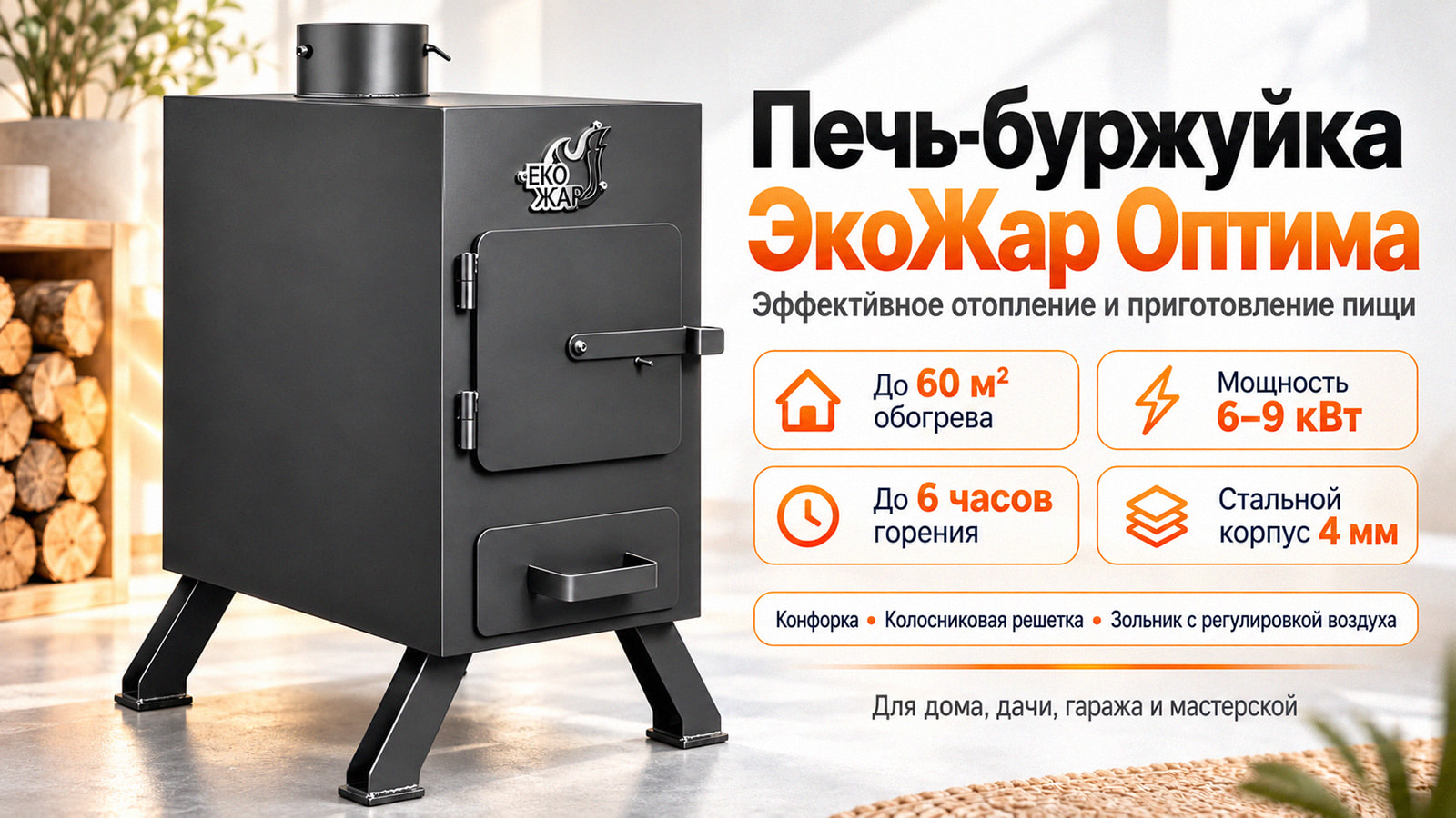 Печь-буржуйка Экожар Оптима на дровах - рекламный баннер в магазине Прометей.