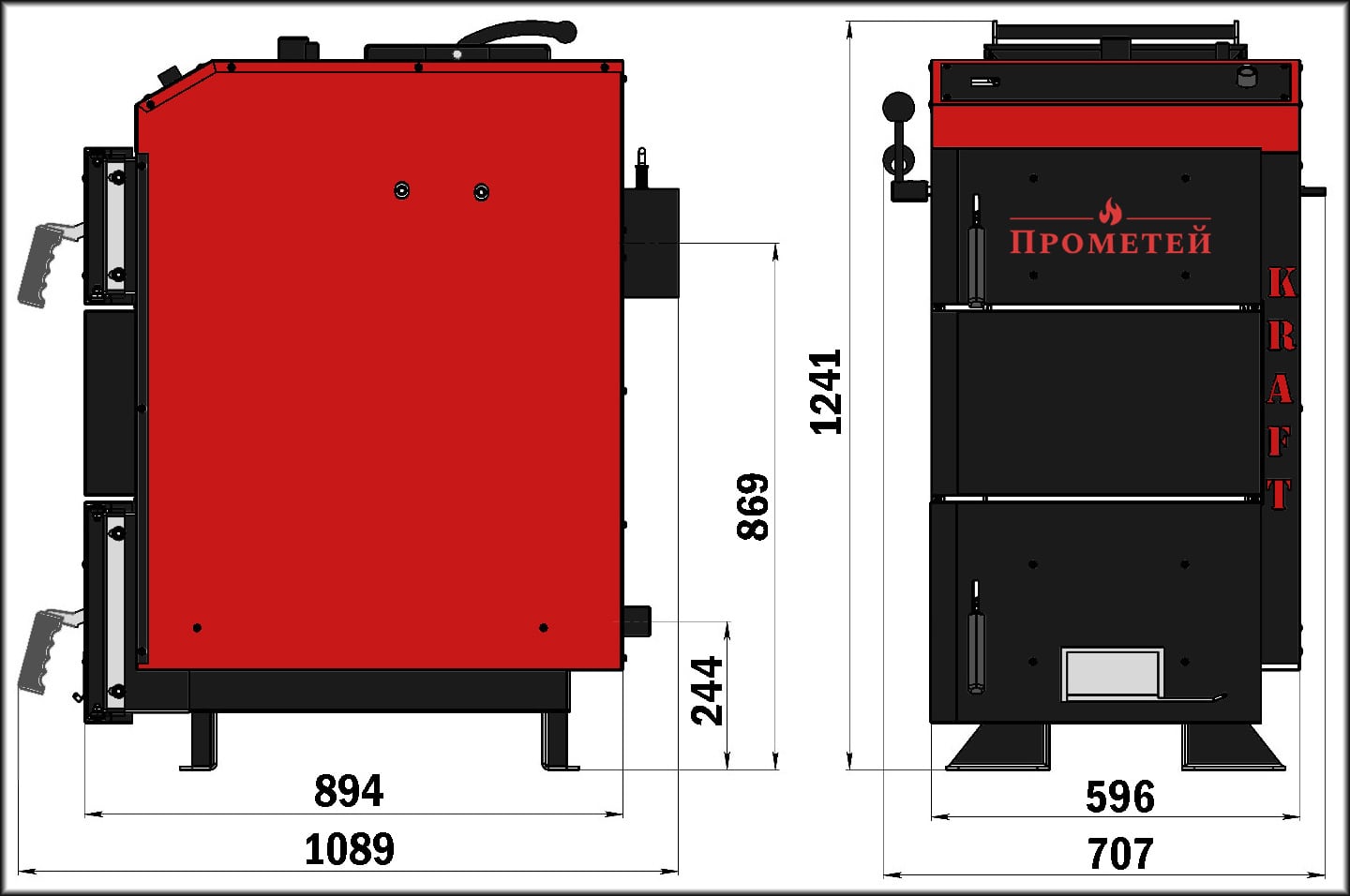 Размеры твердотопливного котла Kraft D на 20 кВт Габаритные размеры твердотопливного котла Kraft D 20