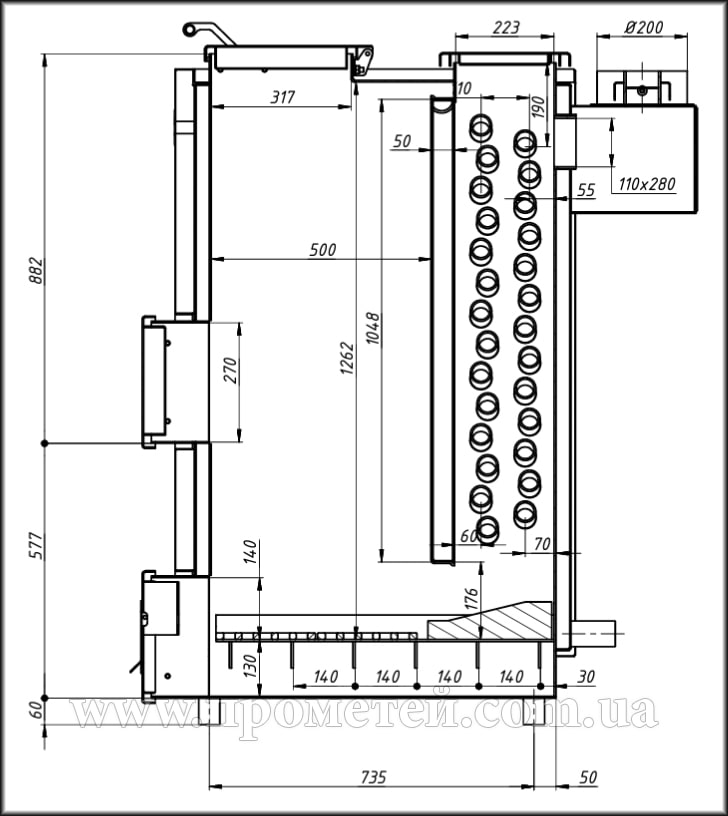 Схема и параметры котла Термико КДГ 50 Габариты котла Termico КДГ 50