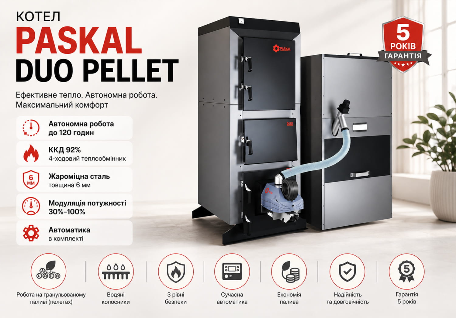 Промо-банер пелетного котла PASKAL DUO PELLET (переваги)