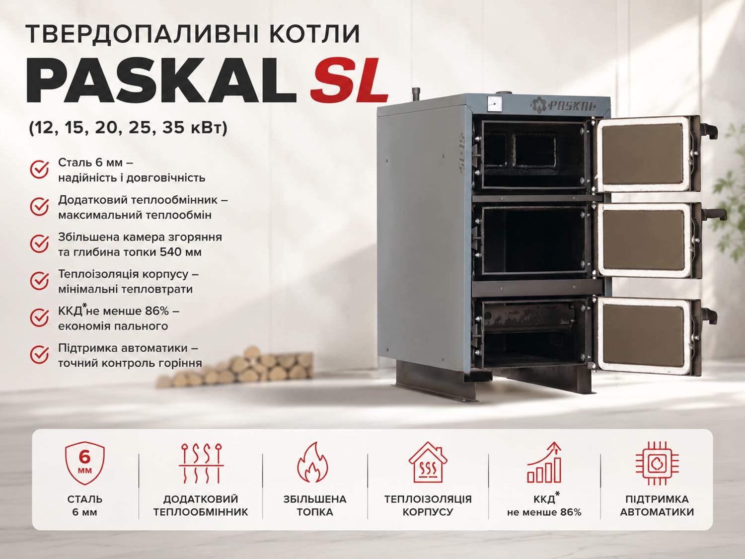 Рекламний банер котла PASKAL SL з переліком головних переваг