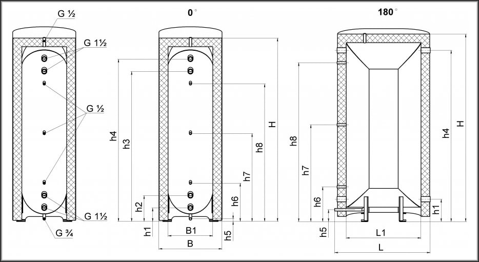 Габарити плоского теплоакумулятора без змійовика Kraft